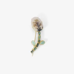 18k & dendritic agate mineral life flowery pin with tourmaline