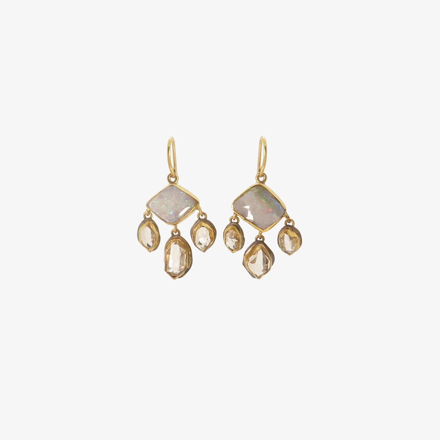 18k & diamond-shaped blue pink opal chandelier earrings with herkimer diamond drops