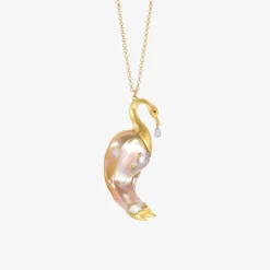 18k & freshwater pearl swan pendant with blue sapphire briolette