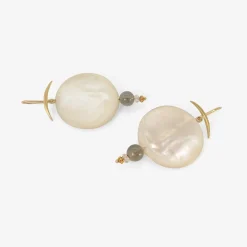18k & mother-of-pearl full moon earrings with labradorite & herkimer diamonds