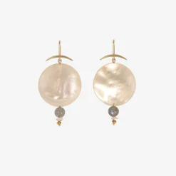 18k & mother-of-pearl full moon earrings with labradorite & herkimer diamonds