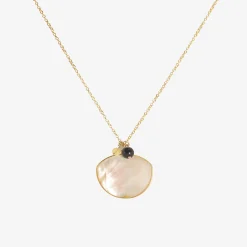 18k & mother-of-pearl waxing moon pendant with opal, herkimer, and goldstone