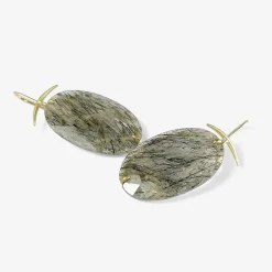 18k & oval cloudy black rutilated quartz earrings