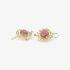 18k & pink tourmaline cabochon earrings with flowery filigree