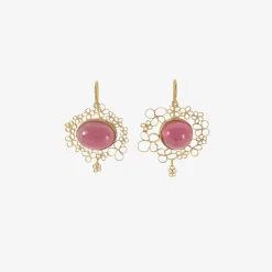 18k & pink tourmaline cabochon earrings with flowery filigree