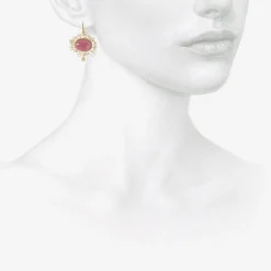 18k & pink tourmaline cabochon earrings with flowery filigree