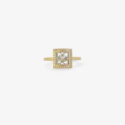 18k & platinum small square damask ring with white pavé diamonds