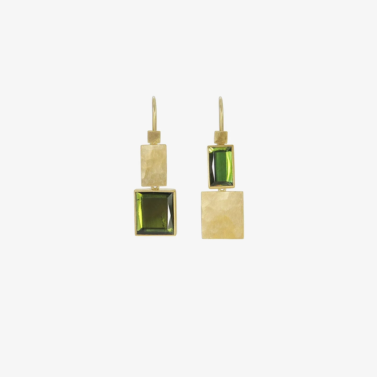 22k & rectangular green tourmaline klimt double drop earrings, 2.43ct