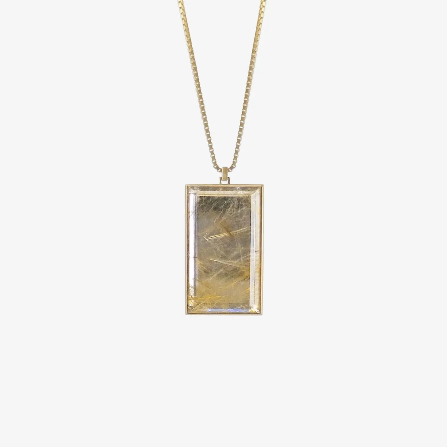 14k & rectangular rutilated quartz monolith pendant, 81.19ct
