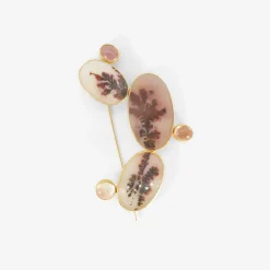 18k & red dendritic agate exquisite corpse pin #4 with pink tourmaline & mother-of-pearl
