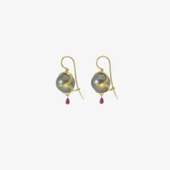 18k & tahitian pearl claw earrings with ruby briolettes