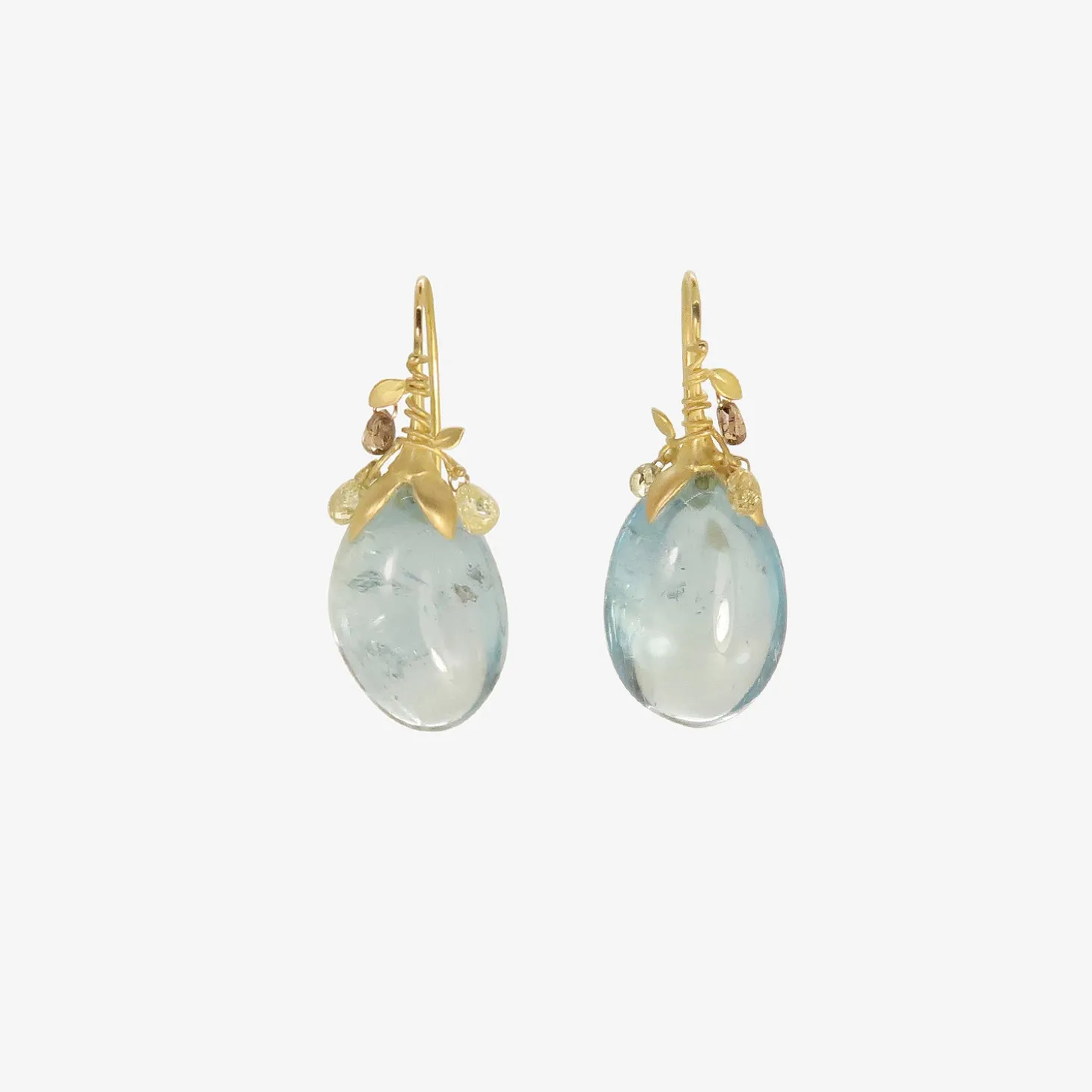 18k & tumbled clear blue aquamarine eggplant earrings with diamond briolettes