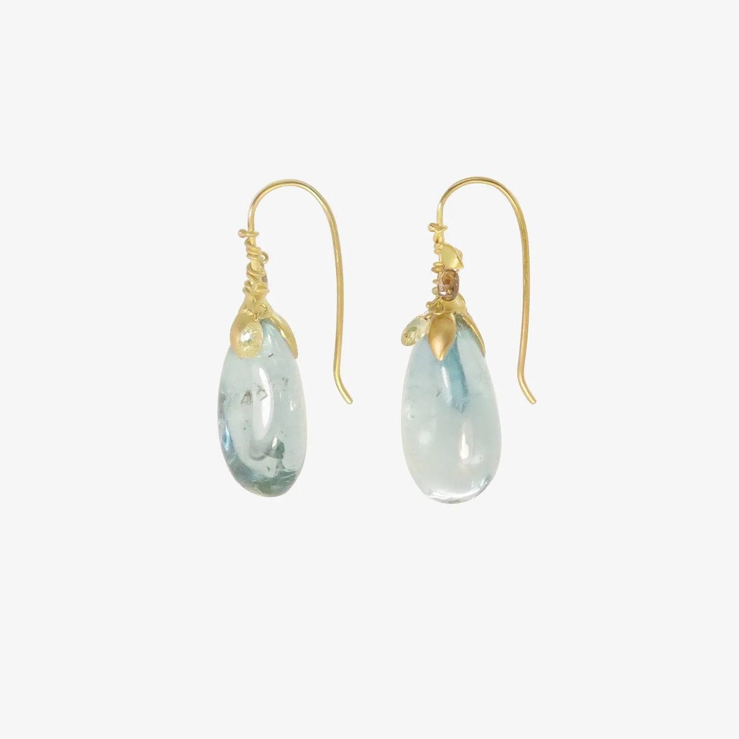 18k & tumbled clear blue aquamarine eggplant earrings with diamond briolettes
