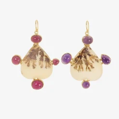 18k & upside-down heart-shaped dendritic agate earrings with amethyst and garnet