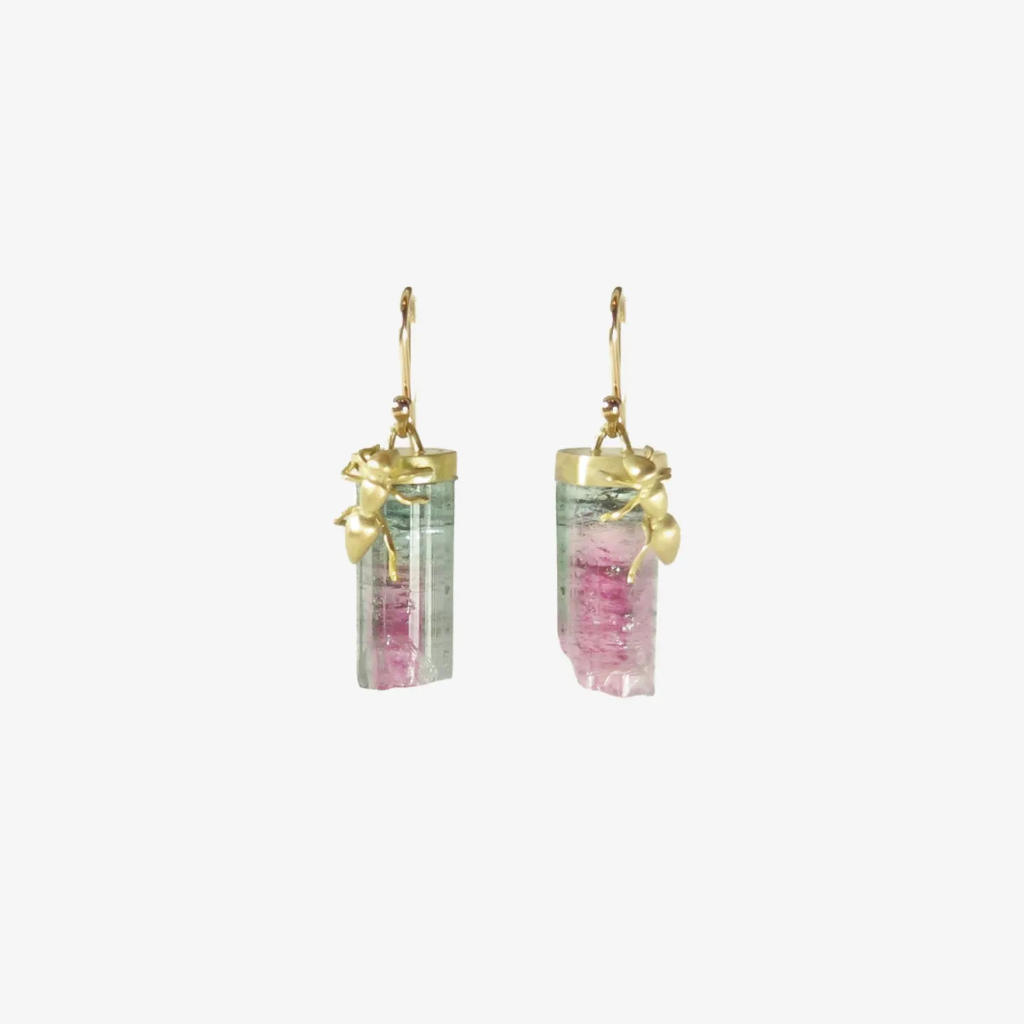 18k ants on watermelon tourmaline crystal earrings