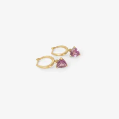 14k huggie hoops with trillion-cut rhodolite drops