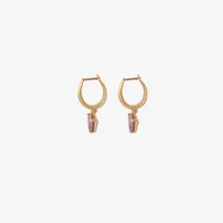 14k huggie hoops with trillion-cut rhodolite drops