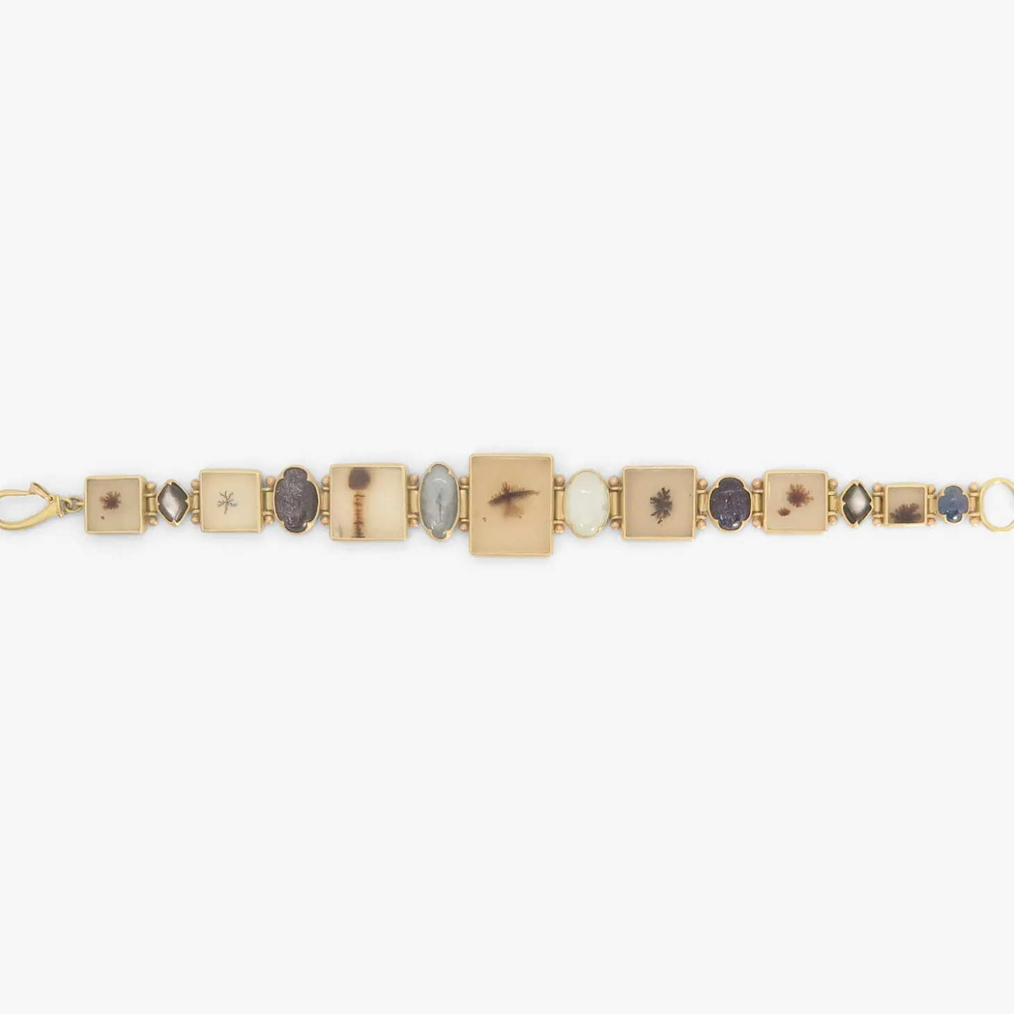 one-of-a-kind square dendrite bracelet with aquamarine, sapphire, kyanite, mother of pearl & goldstone