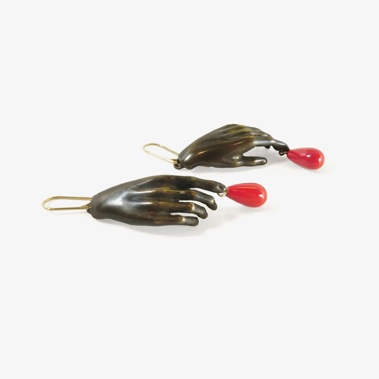 oxidized bronze hand earrings with red drops