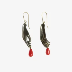 oxidized bronze hand earrings with red drops