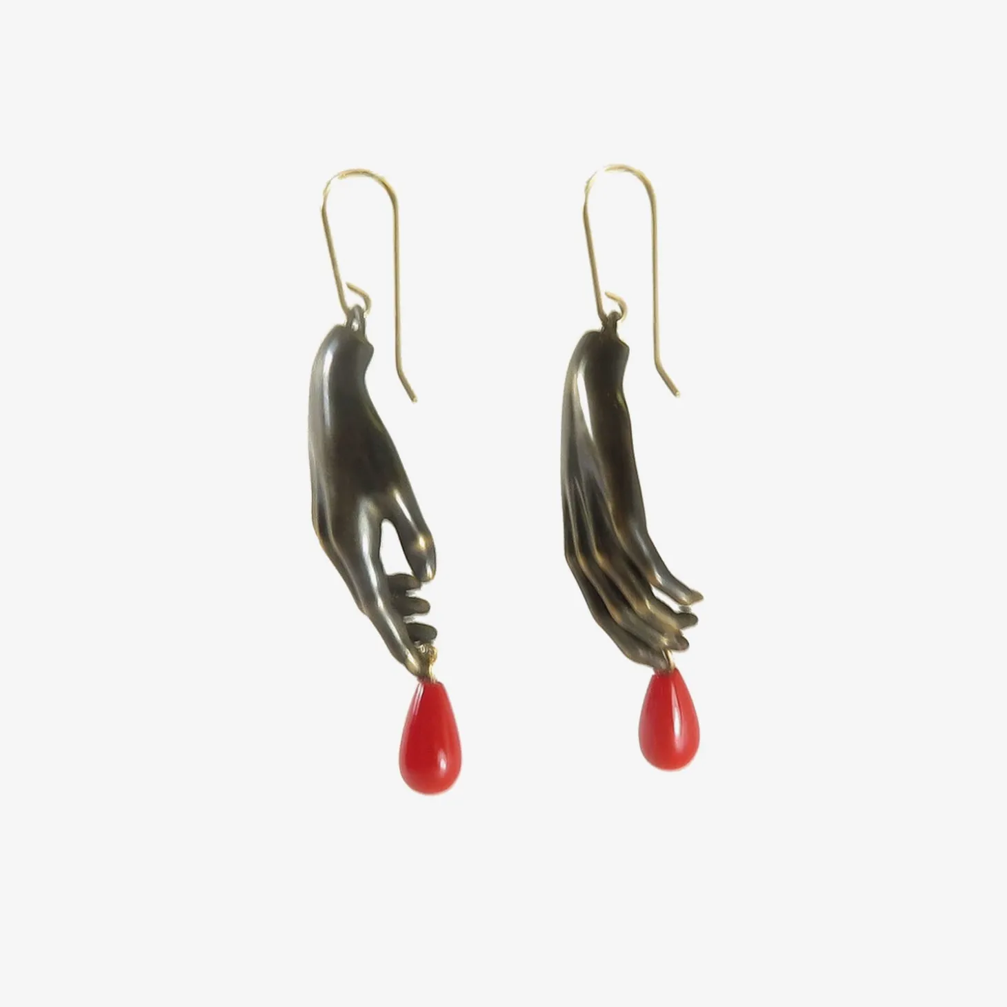 oxidized bronze hand earrings with red drops