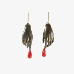oxidized bronze hand earrings with red drops