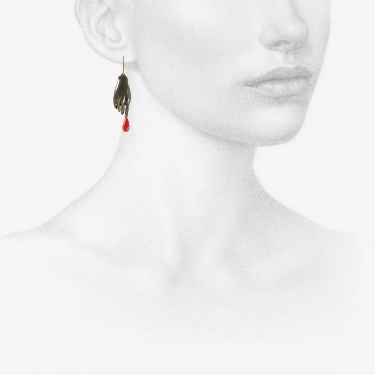 oxidized bronze hand earrings with red drops