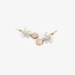 silver & 18k small flowery cherry blossom earrings with rose quartz