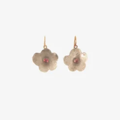 sterling silver cherry blossom earrings with pink tourmaline centers, 1ct